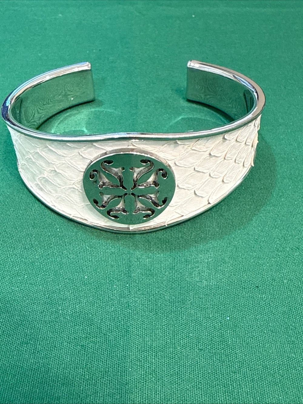 Rustic Cuff Monique Python Print White Leather SilverToneSignatureCross Cuff 91D